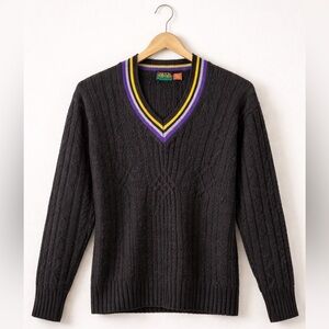 Oakton Black and Grey  Sweater with Colorful V-Neck 100% Shetland Wool Vintage